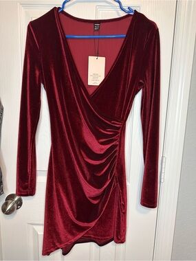 SHEIN Burgundy Velvet Wrap Ruched Long Sleeve Dress